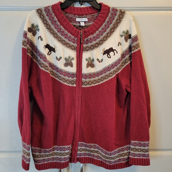 Croft & Barrow Red White Knit Moose Embroidery Zip-up Cardigan - Picture 1 of 6